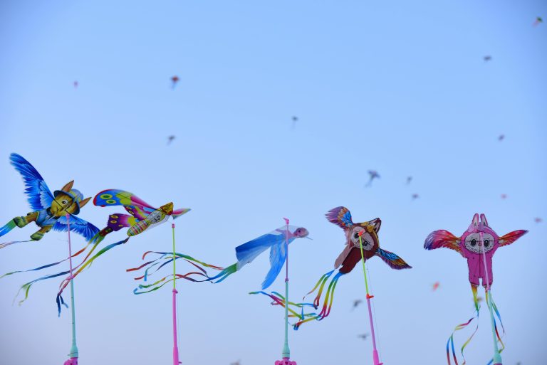 Colorful owl and bird kites flying high at a vibrant festival under a clear blue sky. Cerfs-volants en forme de hibou et d'oiseaux colorés volant haut lors d'un festival animé sous un ciel bleu dégagé.
