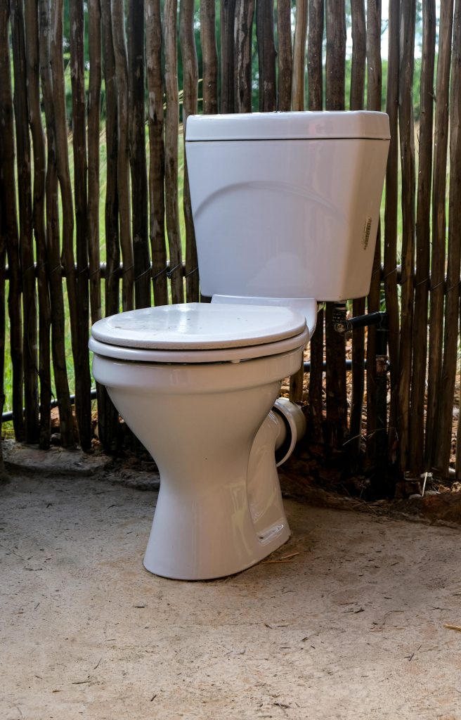 A white toilet positioned outdoors against a wooden fence backdrop, showcasing a rustic and modern contrast. Une toilette blanche placée à l'extérieur devant une clôture en bois, illustrant un contraste entre rustique et moderne.