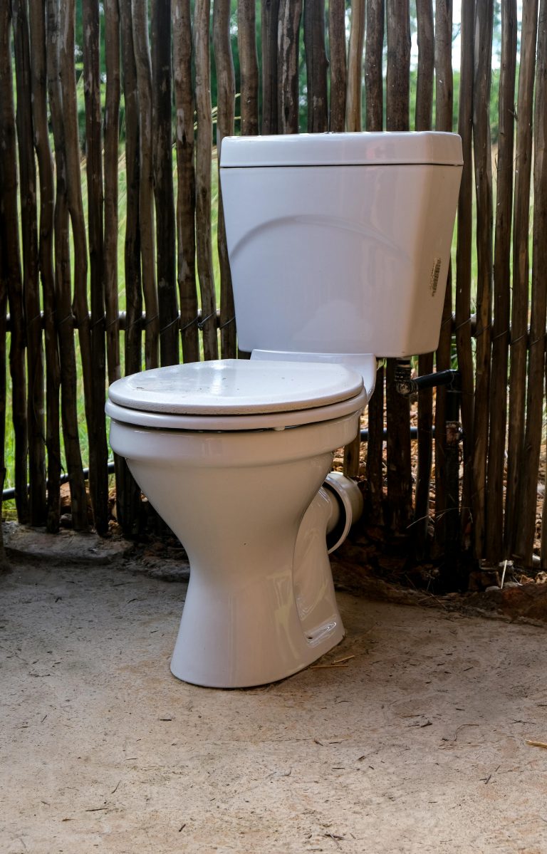 A white toilet positioned outdoors against a wooden fence backdrop, showcasing a rustic and modern contrast. Une toilette blanche placée à l'extérieur devant une clôture en bois, illustrant un contraste entre rustique et moderne.